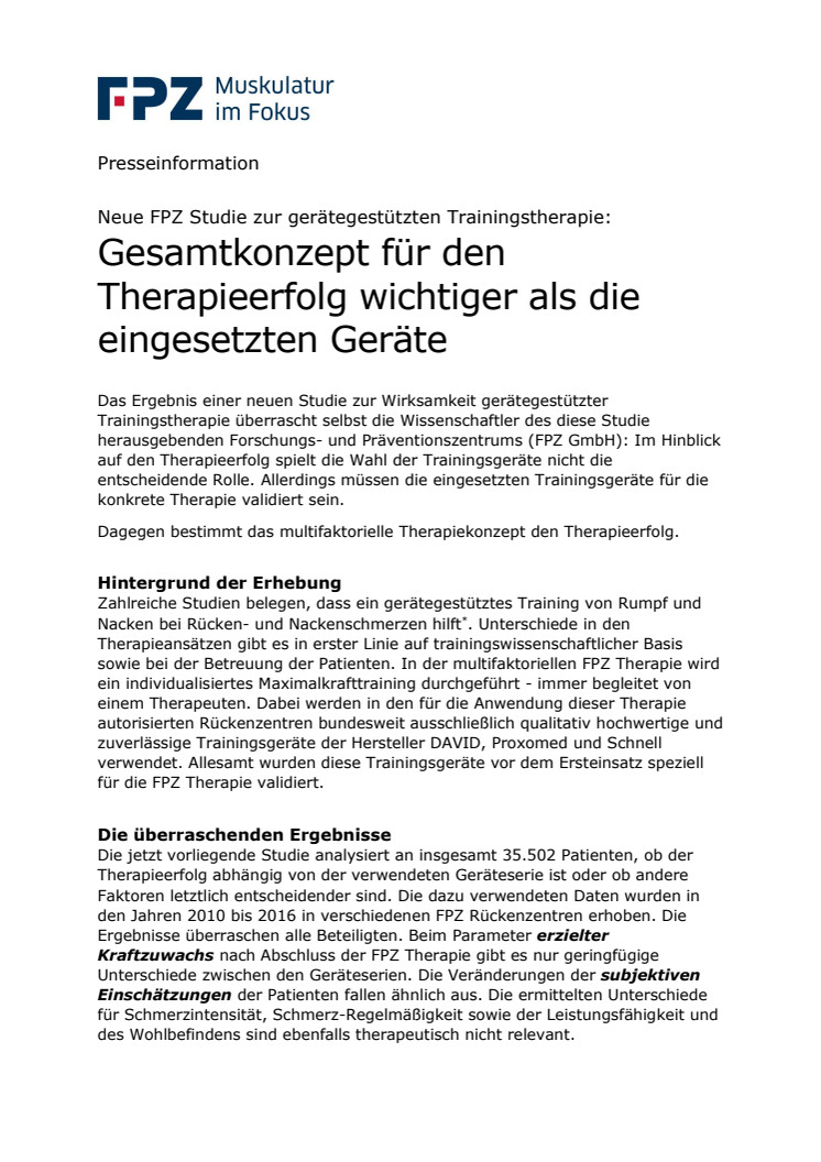 Neue FPZ Studie zur gerätegestützten Trainingstherapie: Gesamtkonzept für den Therapieerfolg wichtiger als die eingesetzten Geräte