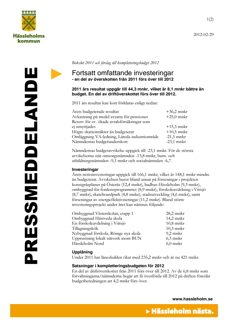 Bokslut 2011 och förslag till kompletteringsbudget 2012