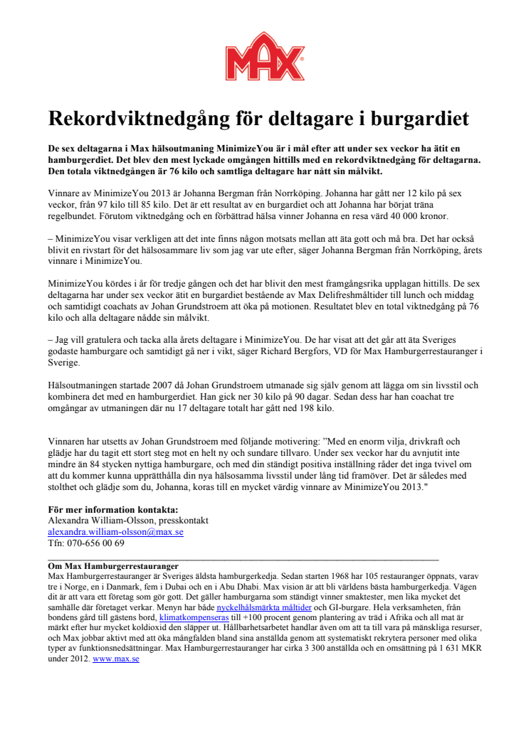 Rekordviktnedgång för deltagare i burgardiet