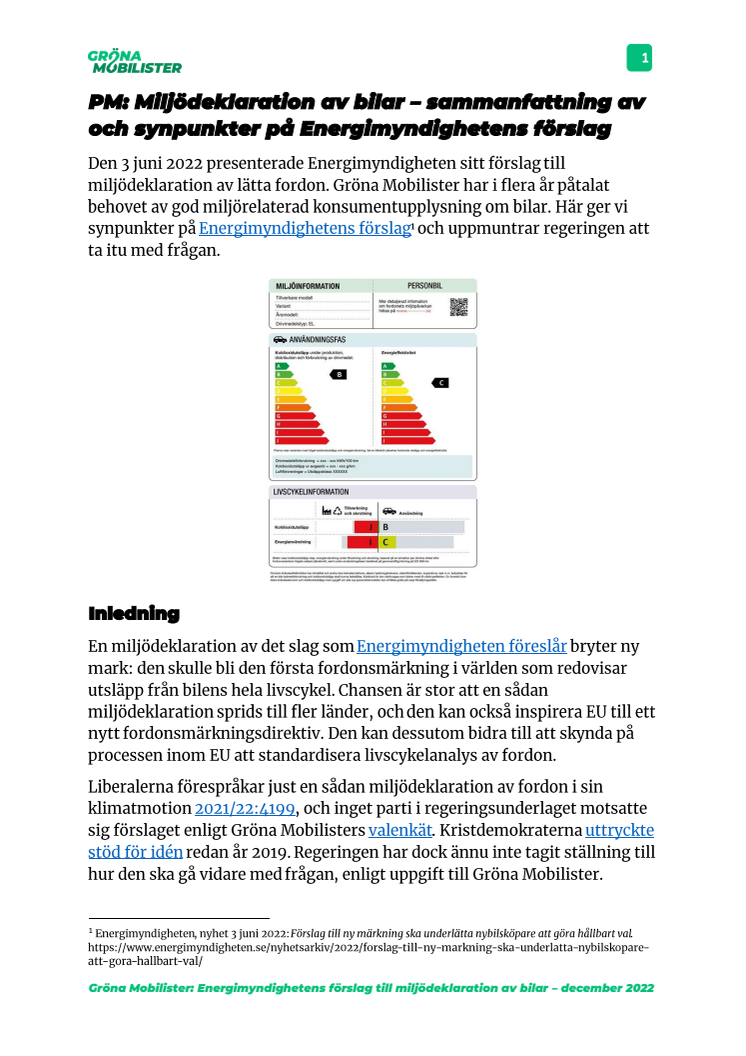 PM Miljödeklaration av bilar - sammanfattning av och synpunkter på Energimyndighetens förslag.pdf