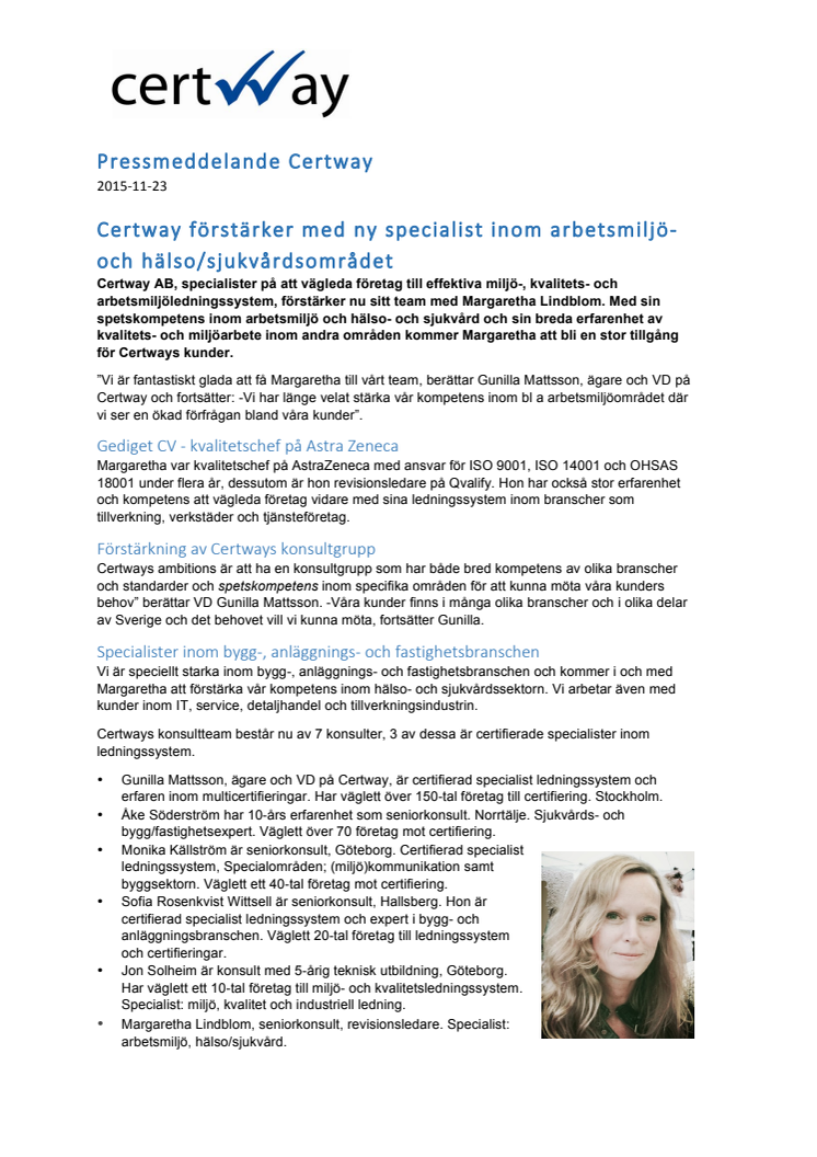 Certway förstärker med ny specialist inom arbetsmiljö- och hälso/sjukvårdsområdet