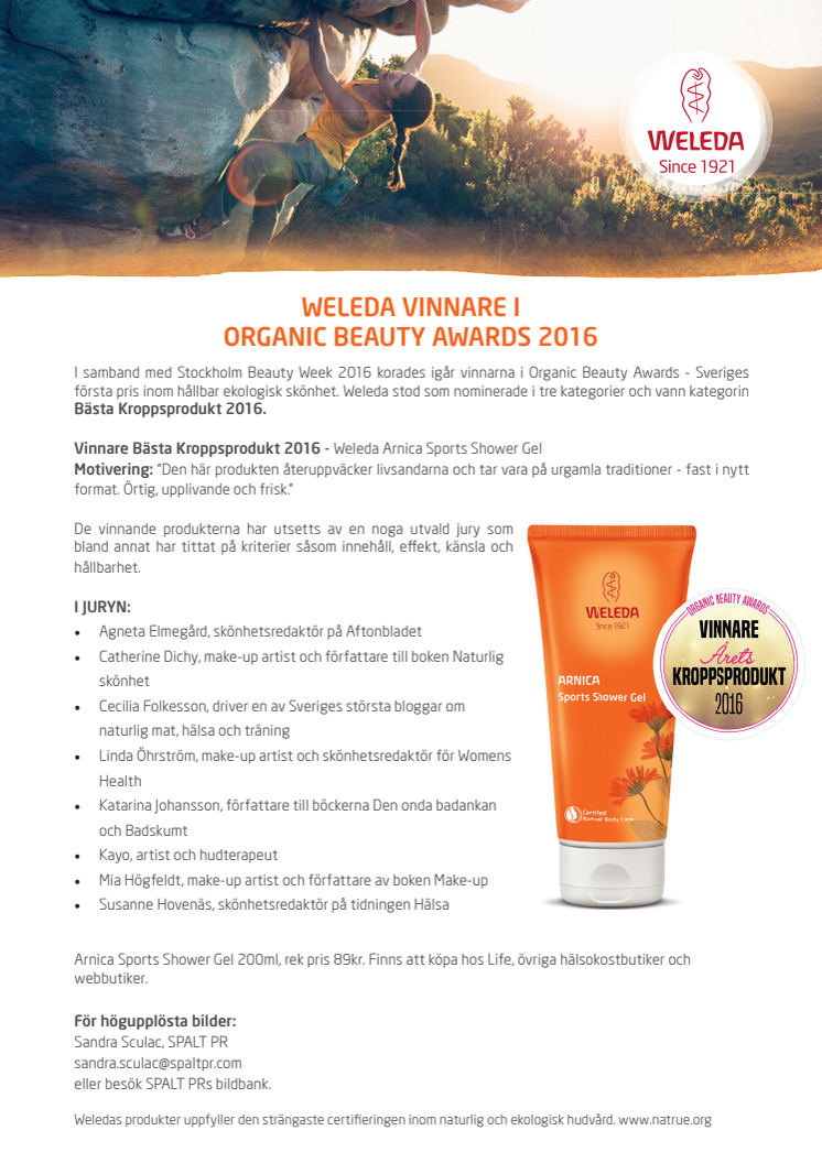 Weleda vinnare i Organic Beauty Awards 2016