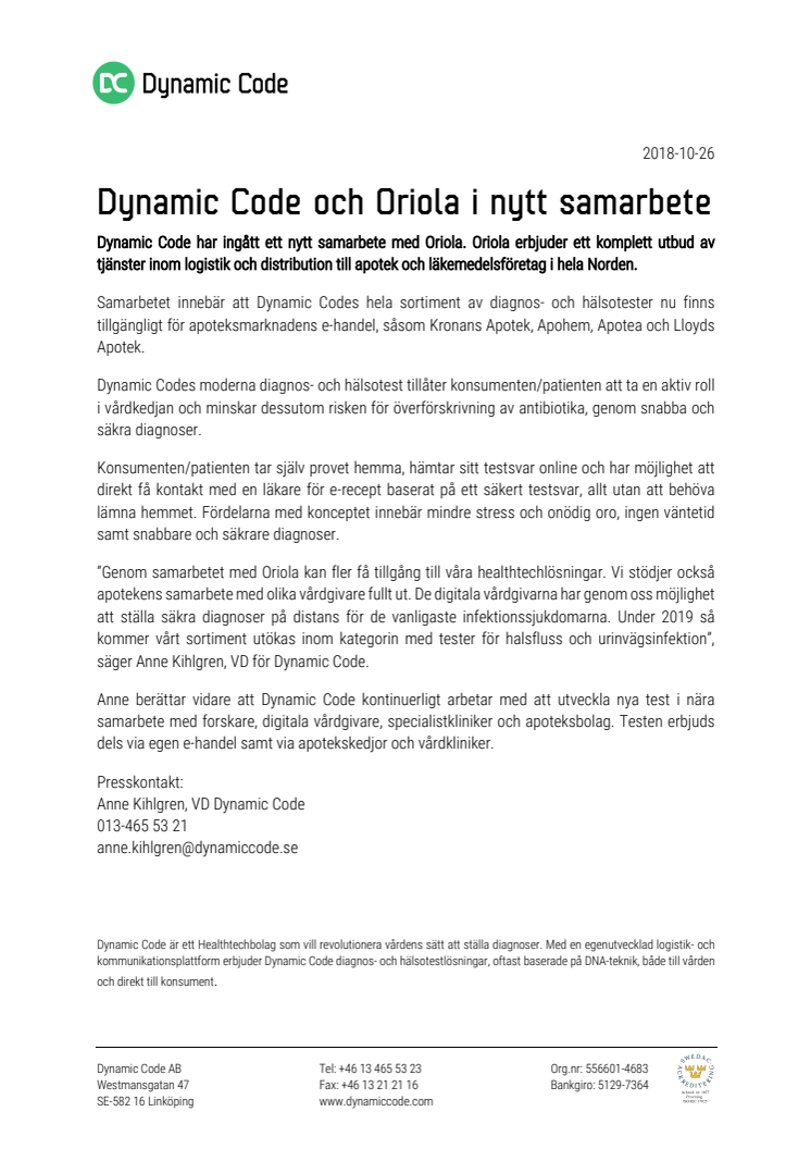 Dynamic Code och Oriola i nytt samarbete 