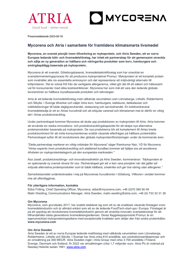 PDF: Mycorena och Atria i samarbete för framtidens klimatsmarta livsmedel 