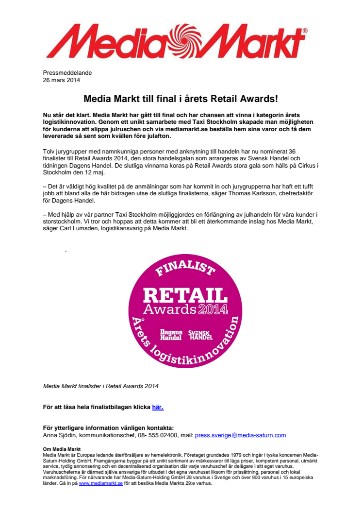 Media Markt till final i årets Retail Awards!
