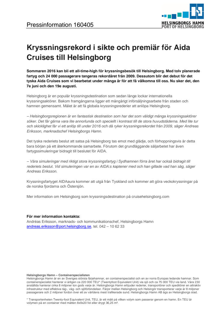 ​Kryssningsrekord i sikte och premiär för Aida Cruises till Helsingborg