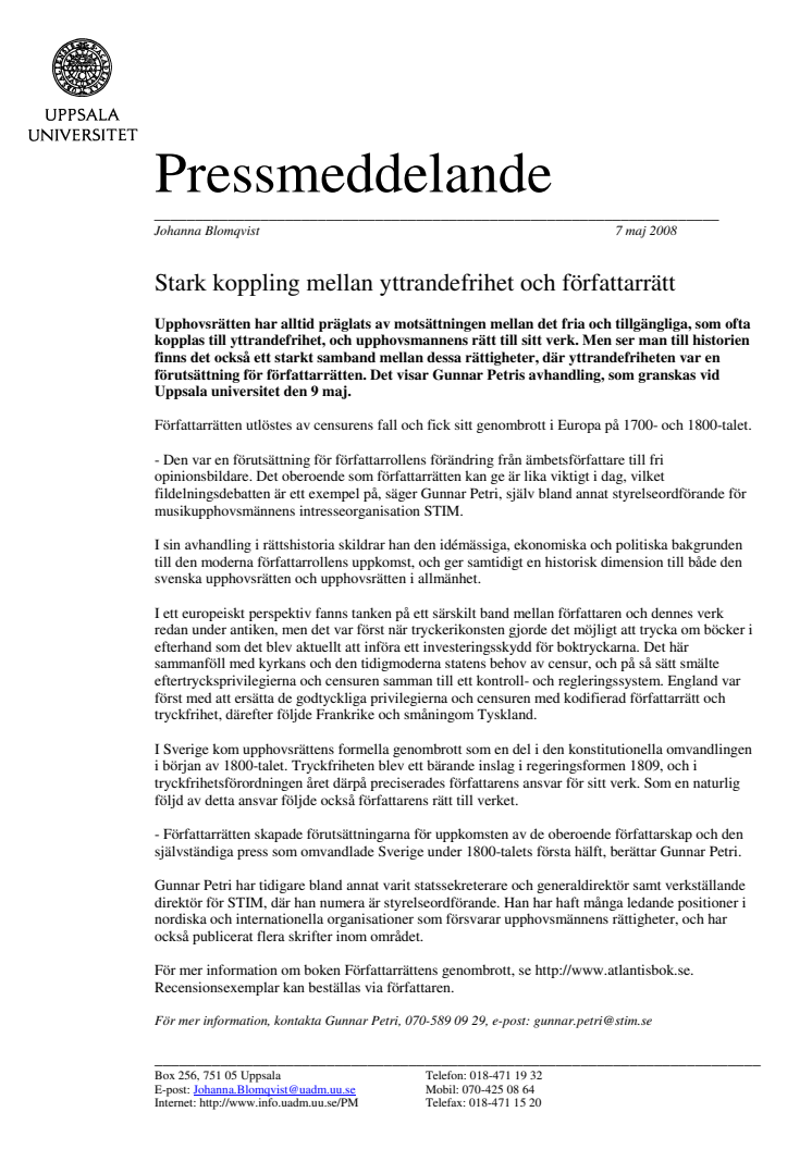 Stark koppling mellan yttrandefrihet och författarrätt