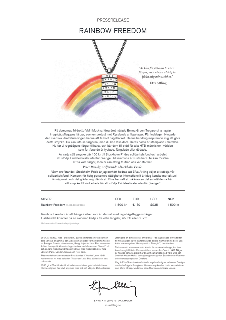 Efva Attling stödjer Stockholm Pride med nytt smycke