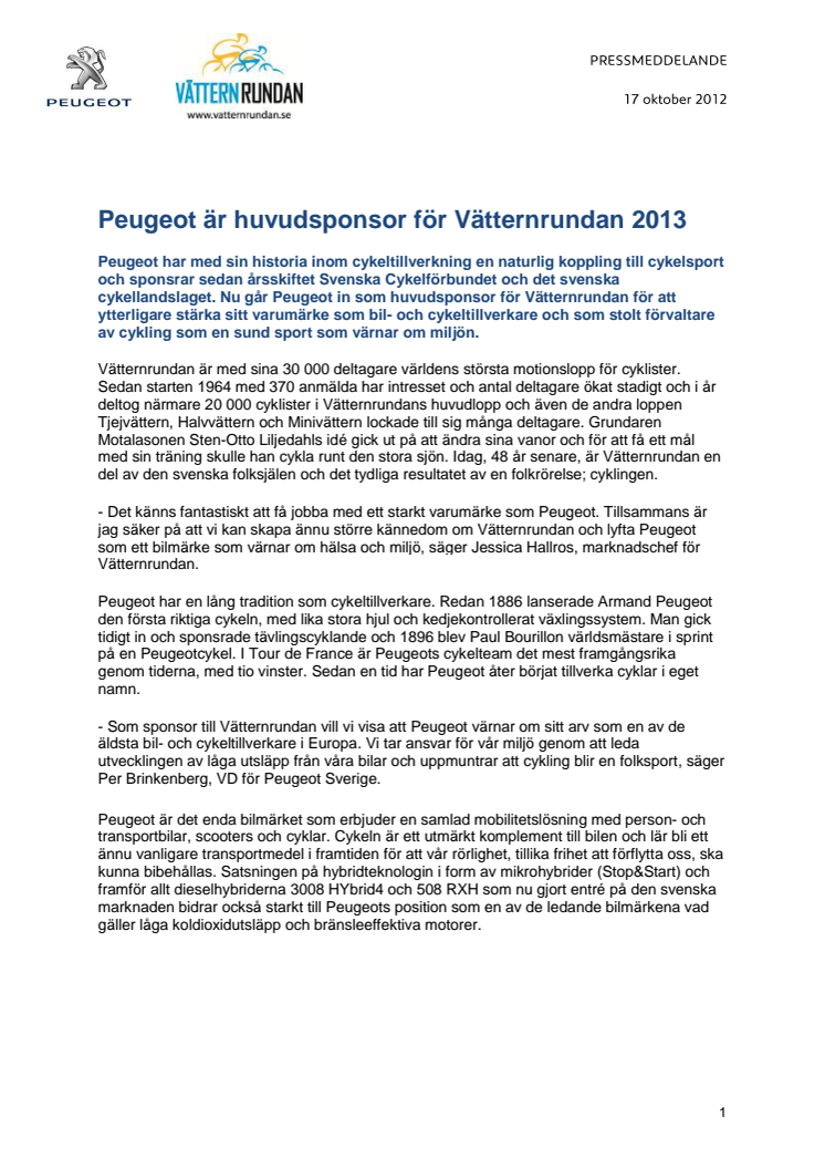 Peugeot är huvudsponsor för Vätternrundan 2013