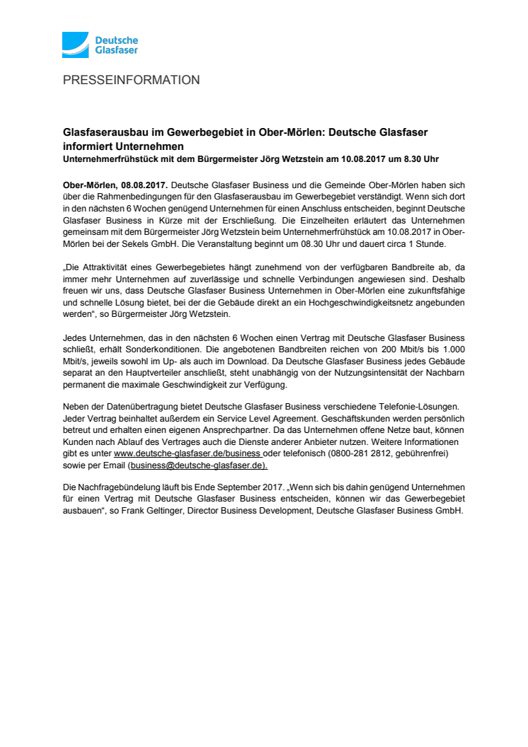 Glasfaserausbau im Gewerbegebiet in Ober-Mörlen: Deutsche Glasfaser informiert Unternehmen