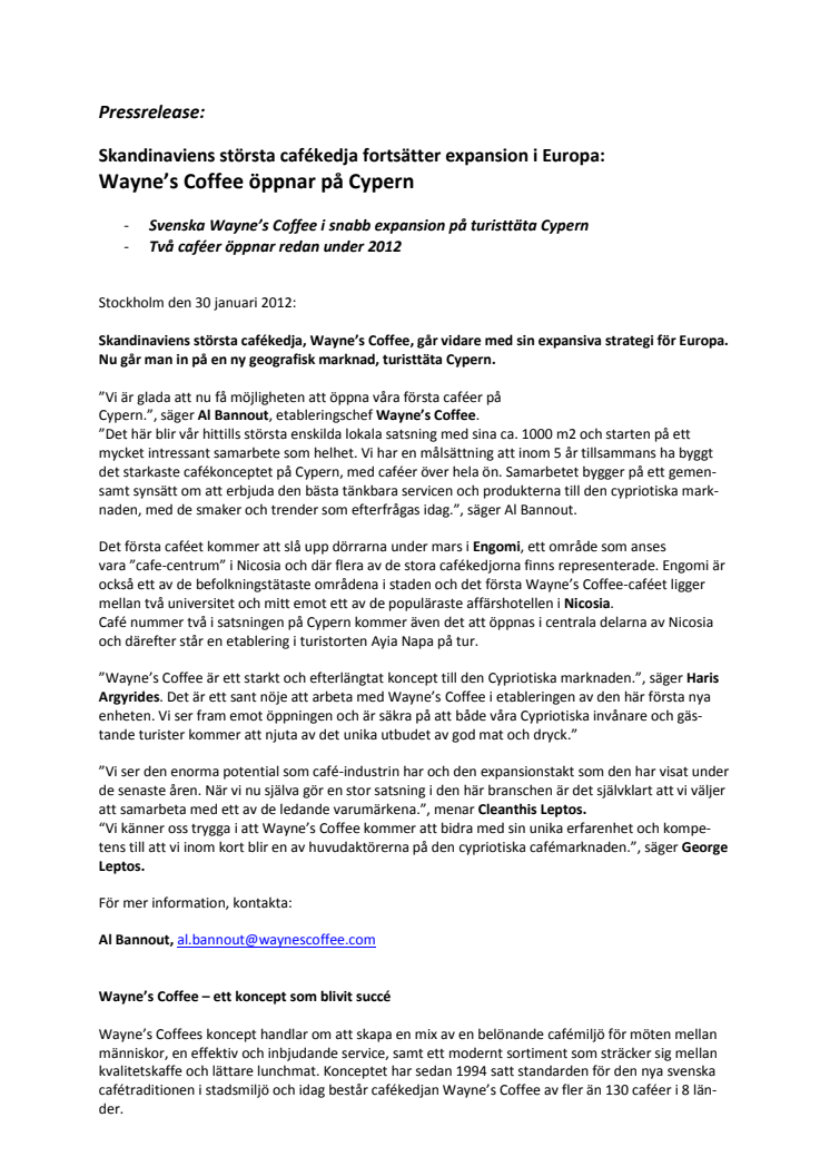 Skandinaviens största cafékedja fortsätter expansion i Europa: Wayne’s Coffee öppnar på Cypern