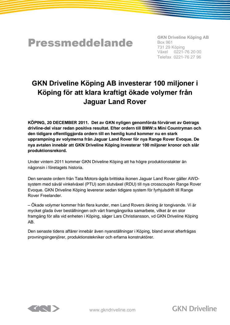 GKN Driveline Köping AB investerar 100 miljoner i Köping efter orderökning från Jaguar Land Rover