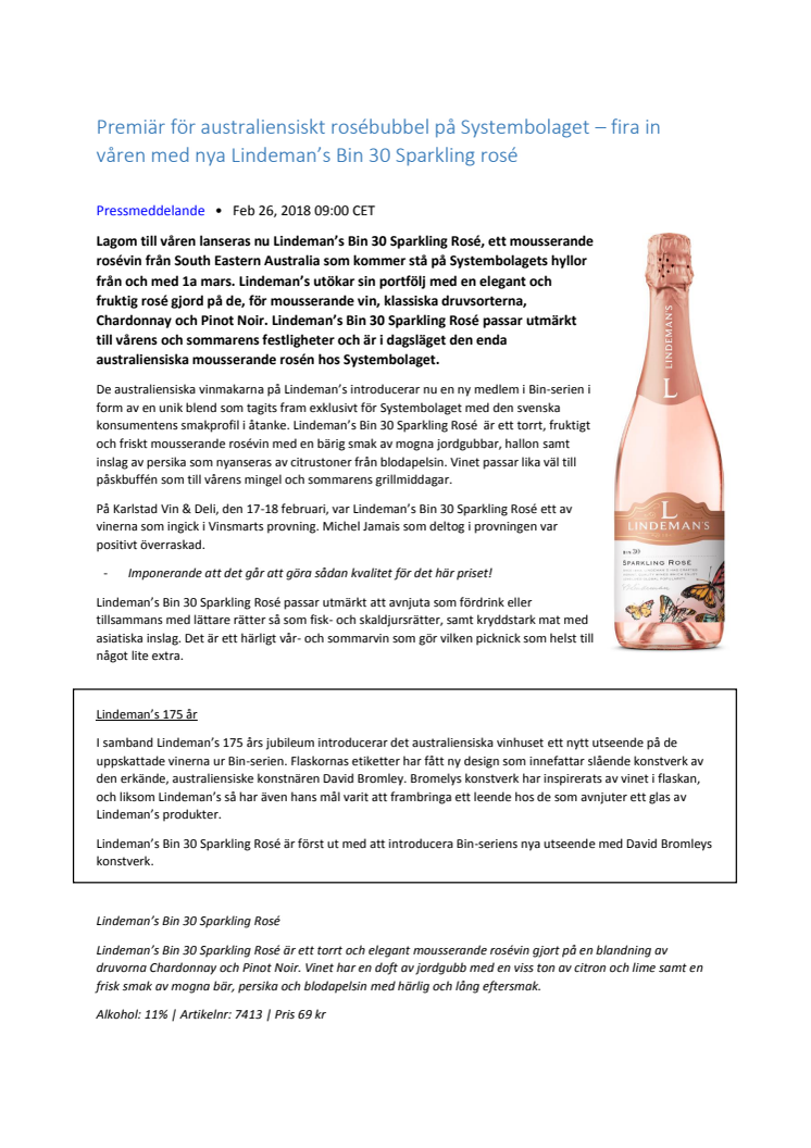 Premiär för australiensiskt rosébubbel på Systembolaget – fira in våren med nya Lindeman’s Bin 30 Sparkling rosé