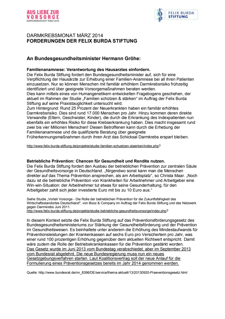 Die politischen Forderungen der Felix Burda Stiftung. Darmkrebsmonat März 2014