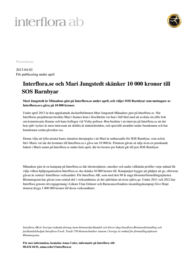 Interflora.se och Mari Jungstedt skänker 10 000 kronor till SOS Barnbyar