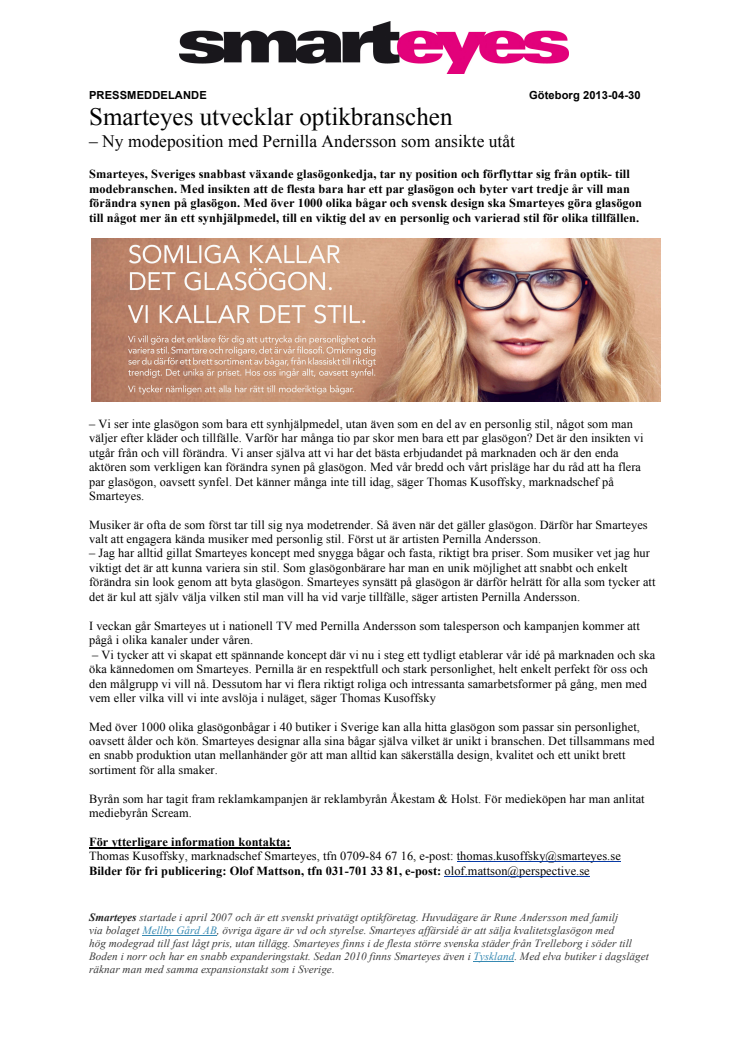 Smarteyes utvecklar optikbranschen – ny modeposition med Pernilla Andersson som ansikte utåt