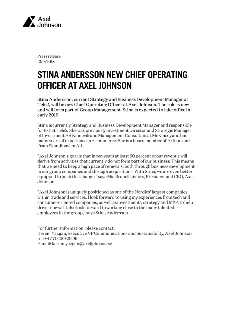 ​Stina Andersson new Chief Operating Officer at Axel Johnson