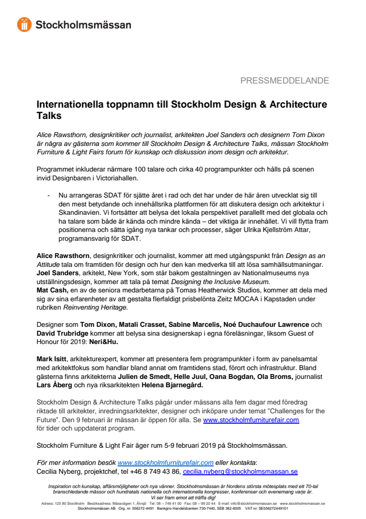 Internationella toppnamn till Stockholm Design & Architecture Talks 