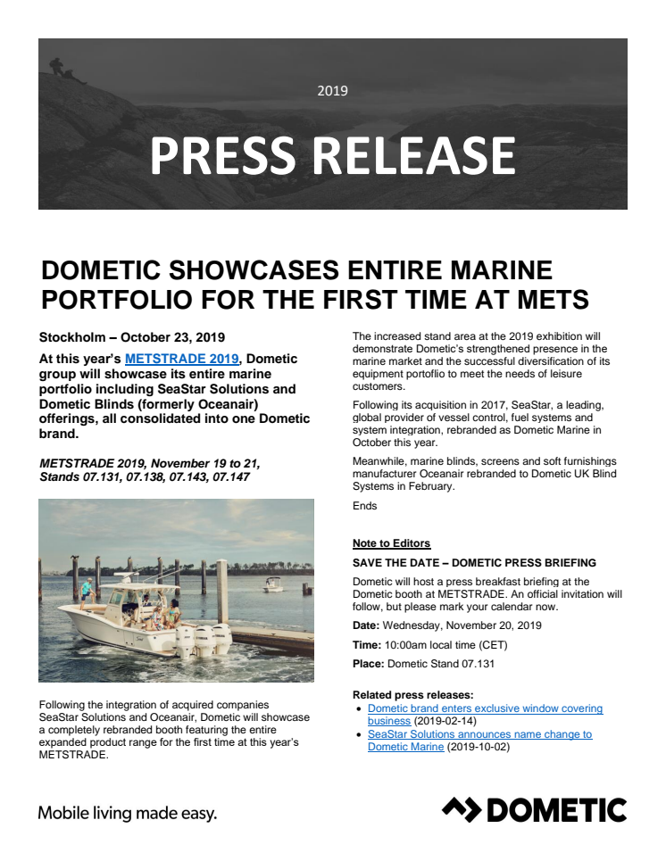 Dometic Showcases Entire Marine Portfolio for the First Time at METSTRADE