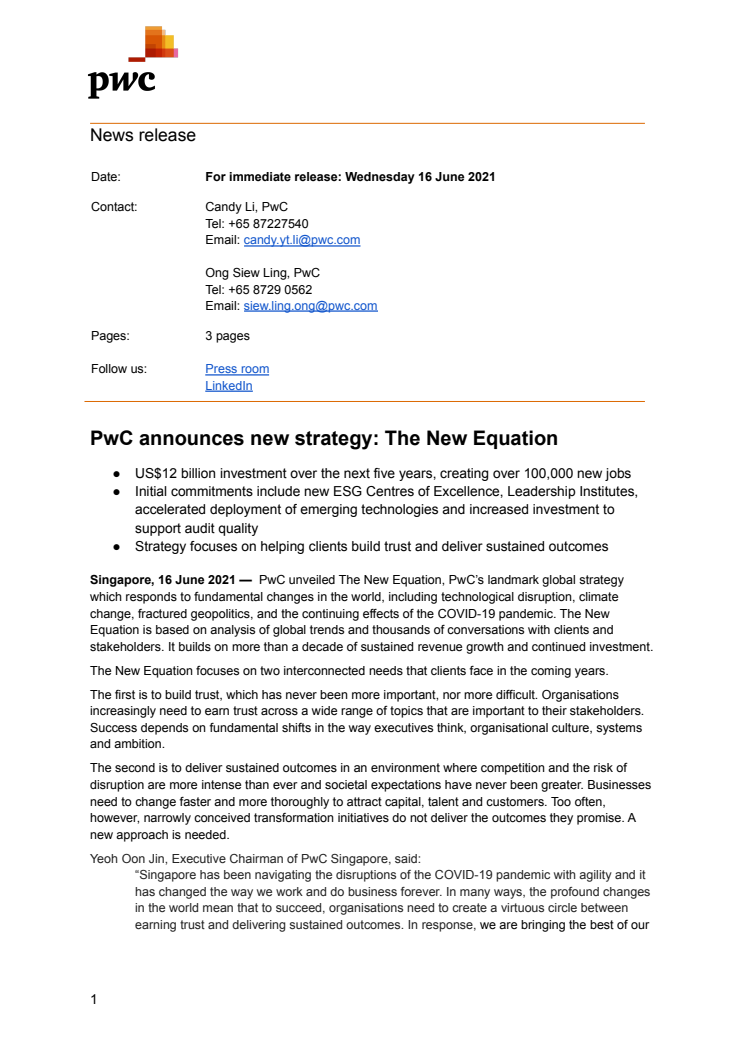 PwC announces new strategy: The New Equation