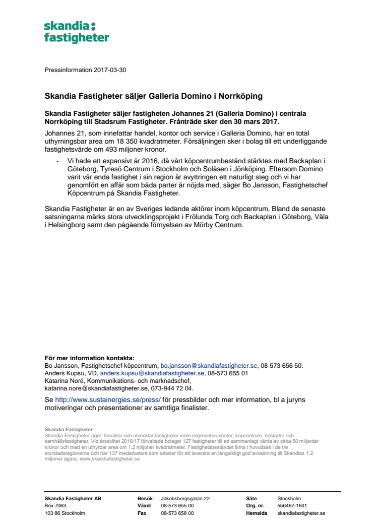 Skandia Fastigheter säljer Galleria Domino i Norrköping