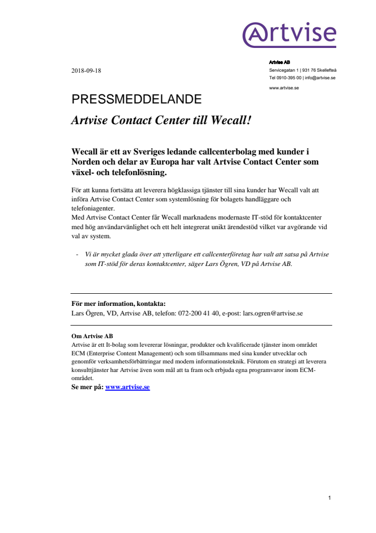 Artvise Contact Center till Wecall!