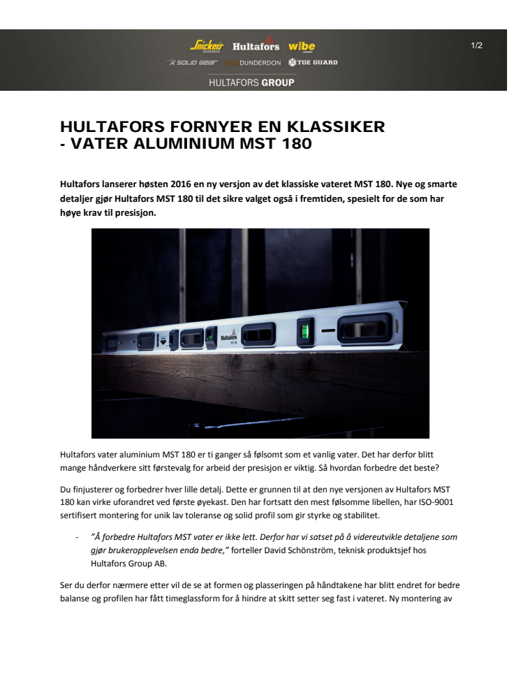 Hultafors oppgraderer en klassiker - Aluminiumsvater MST 180