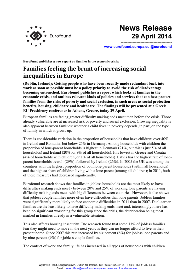 Families feeling the brunt of increasing social inequalities in Europe