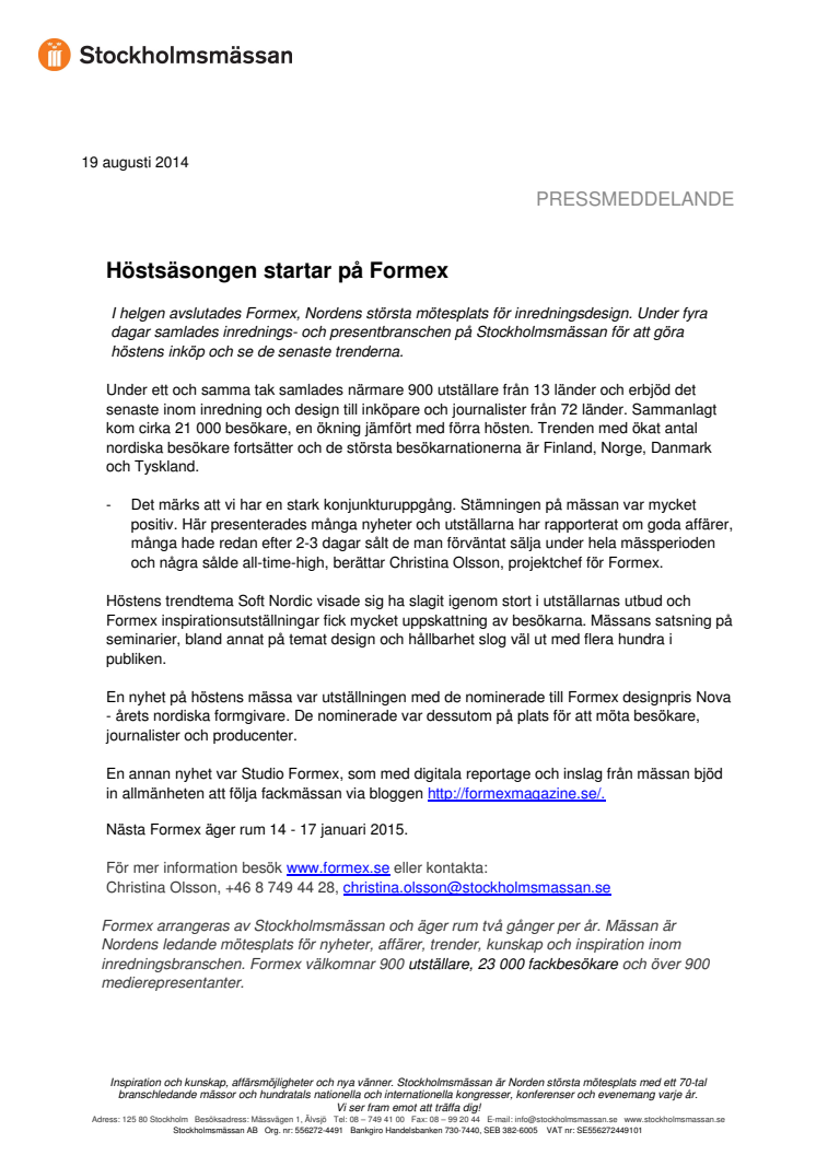 Höstsäsongen startar på Formex