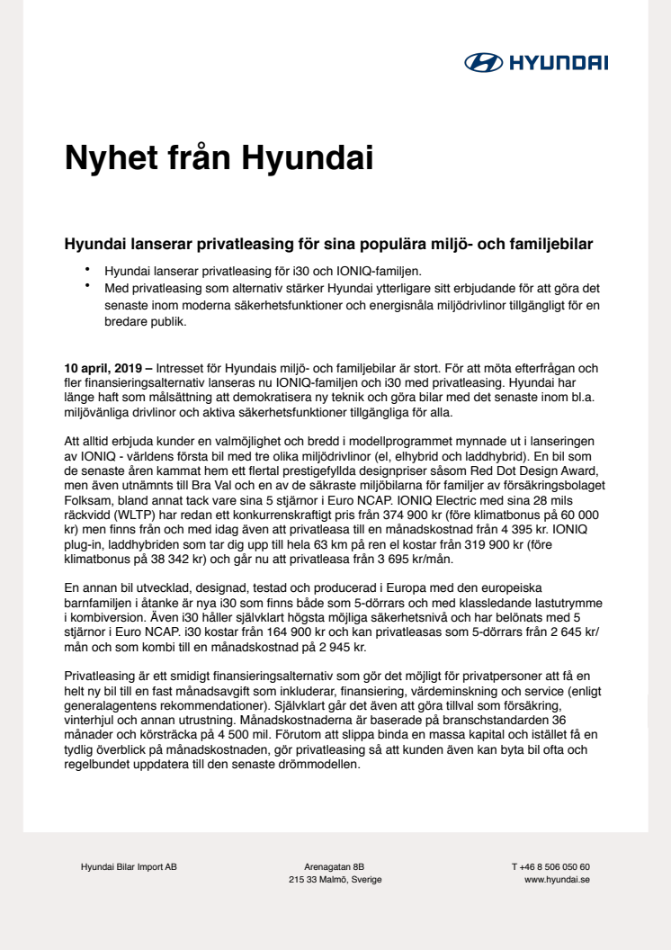 Hyundai lanserar privatleasing för sina populära miljö- och familjebilar