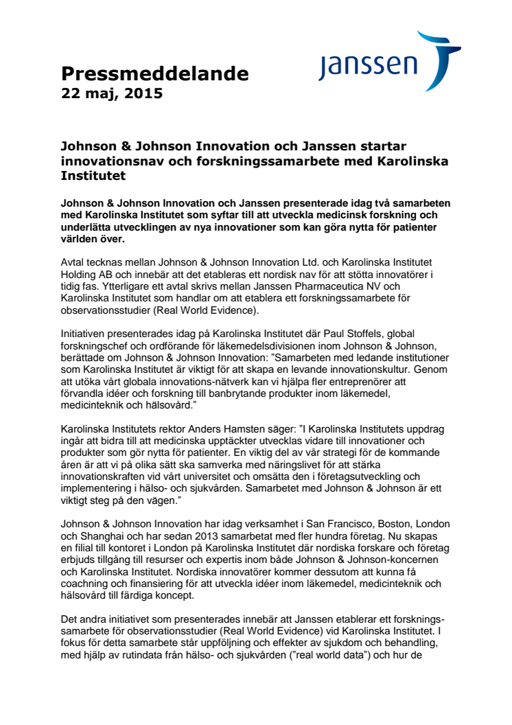 Johnson & Johnson Innovation och Janssen startar innovationsnav och forskningssamarbete med Karolinska Institutet