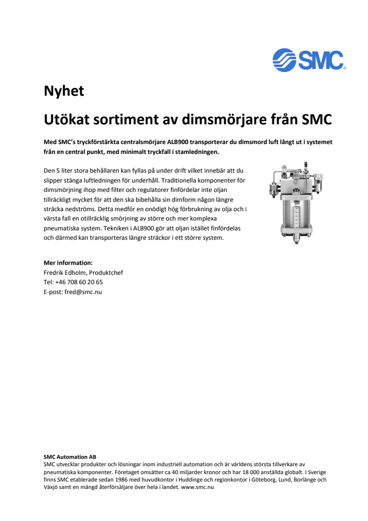 ​Utökat sortiment av dimsmörjare från SMC