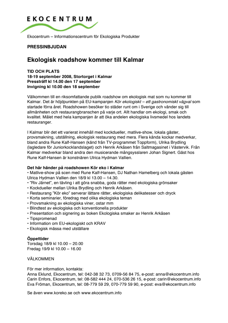 Pressinbjudan - Ekologisk roadshow till Kalmar 18-19/9