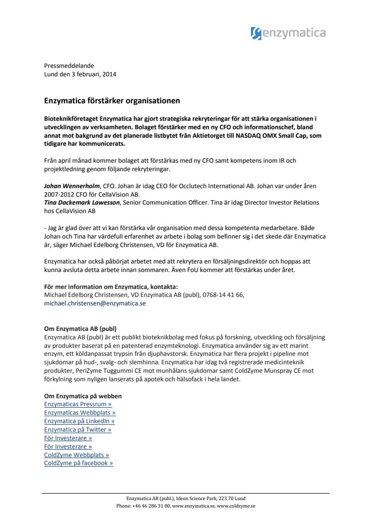 Enzymatica förstärker organisationen
