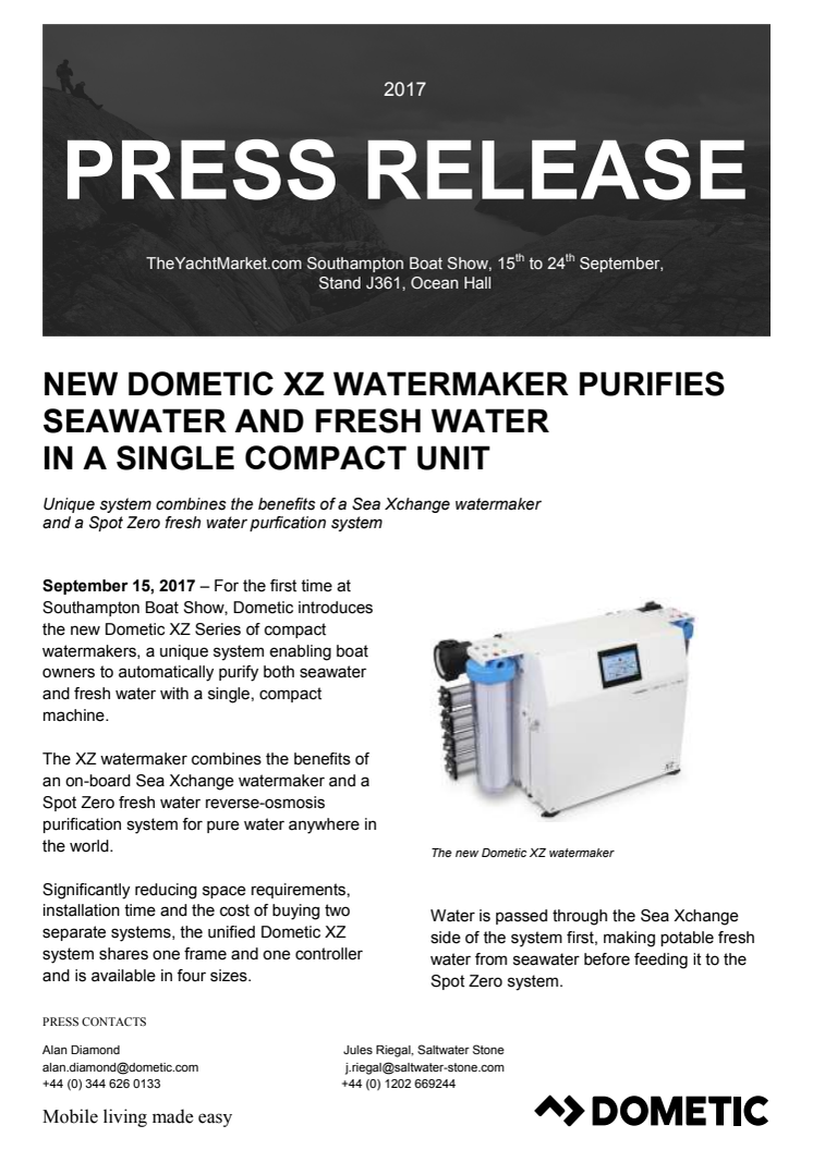 New Dometic XZ Watermaker Purifies Seawater and Fresh Water in a Single Compact Unit