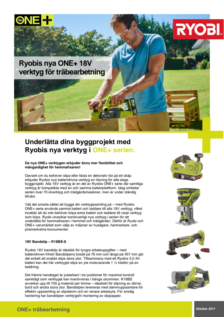 Ryobis nya ONE+ 18V  verktyg för träbearbetning
