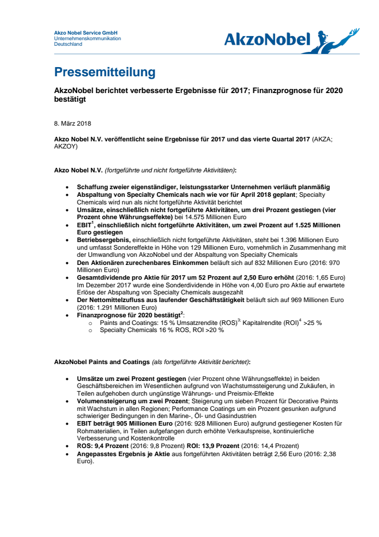 AkzoNobel berichtet verbesserte Ergebnisse für 2017; Finanzprognose für 2020 bestätigt 