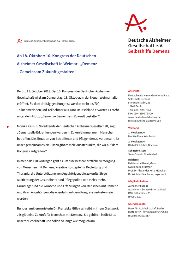 Ab 18. Oktober: 10. Kongress der Deutschen Alzheimer Gesellschaft in Weimar:  „Demenz – Gemeinsam Zukunft gestalten“