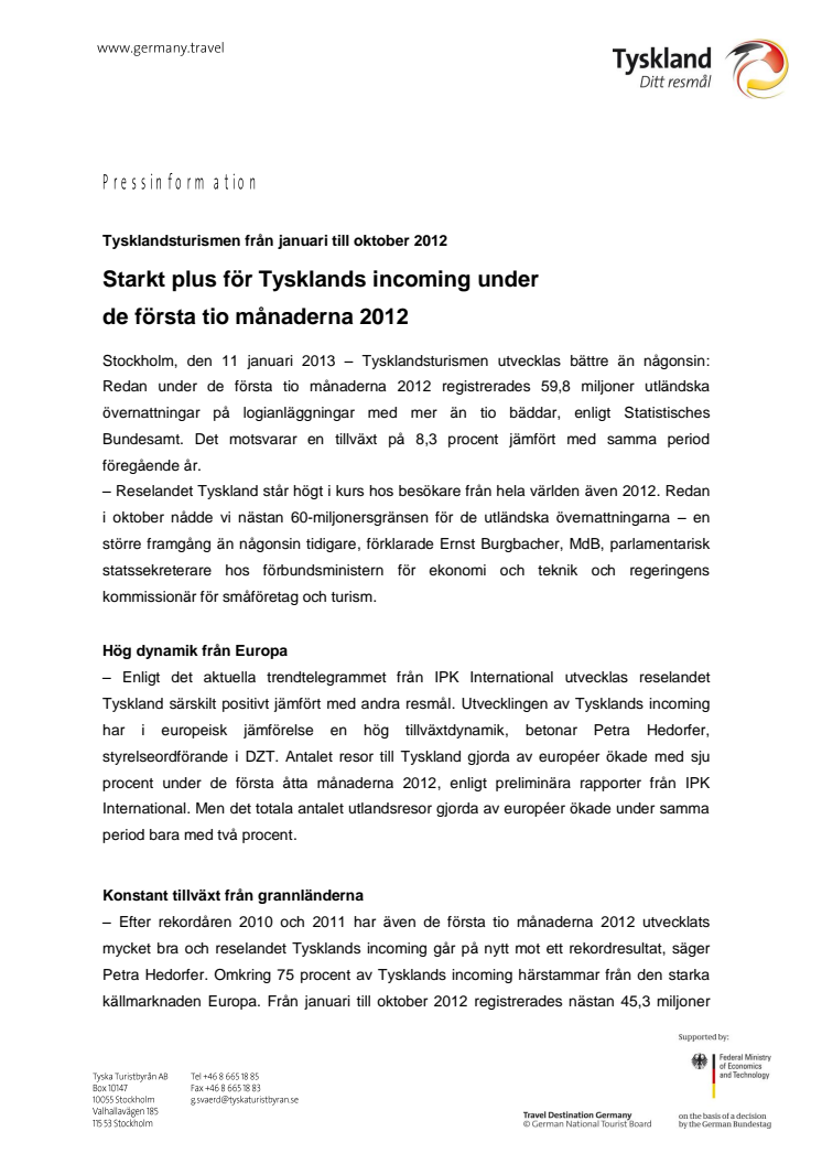 Starkt plus för Tysklands incoming under  de första tio månaderna 2012