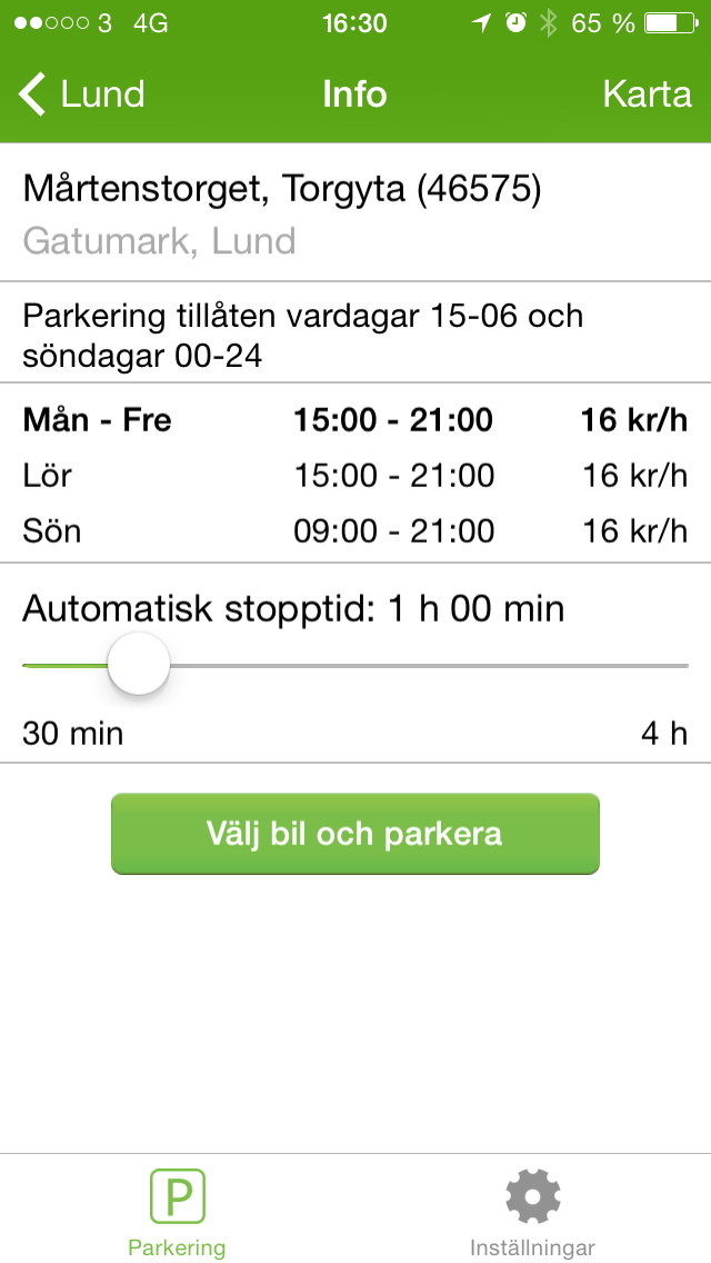 Parkster, skärmbild från parkeringsapp