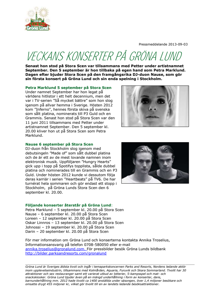 Veckans konserter på Grönan - V. 36