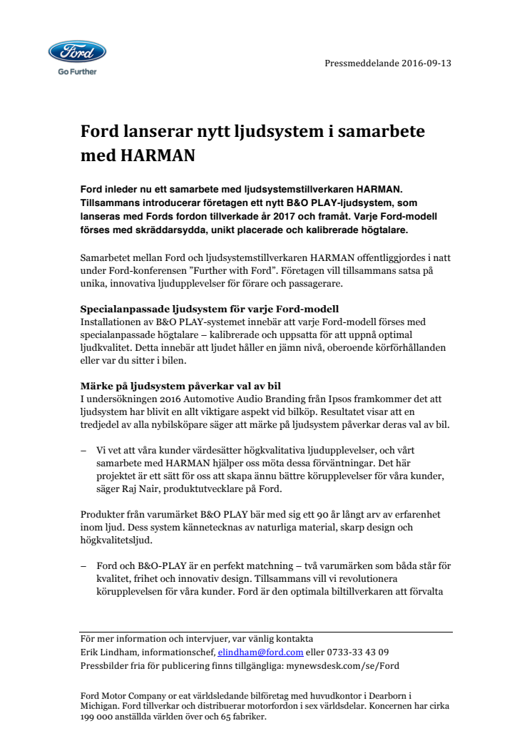 Ford lanserar nytt ljudsystem i samarbete med HARMAN