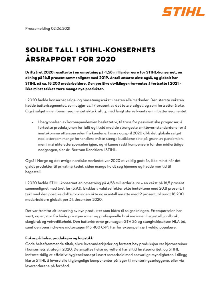 Solide tall i STIHL-konsernets årsrapport for 2020