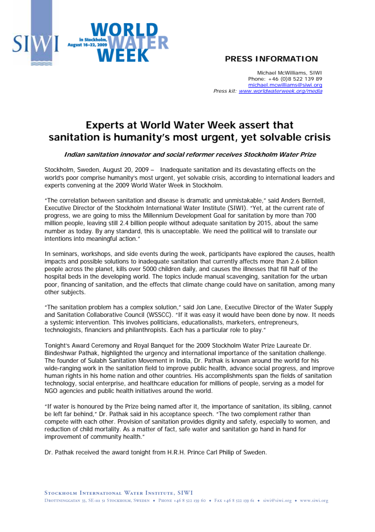 Indian sanitation innovator and social reformer receives Stockholm Water Prize 