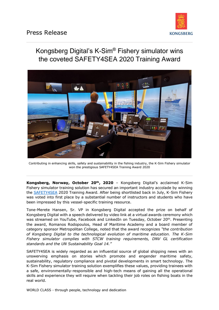 Kongsberg Digital’s K-Sim® Fishery simulator wins the coveted SAFETY4SEA 2020 Training Award