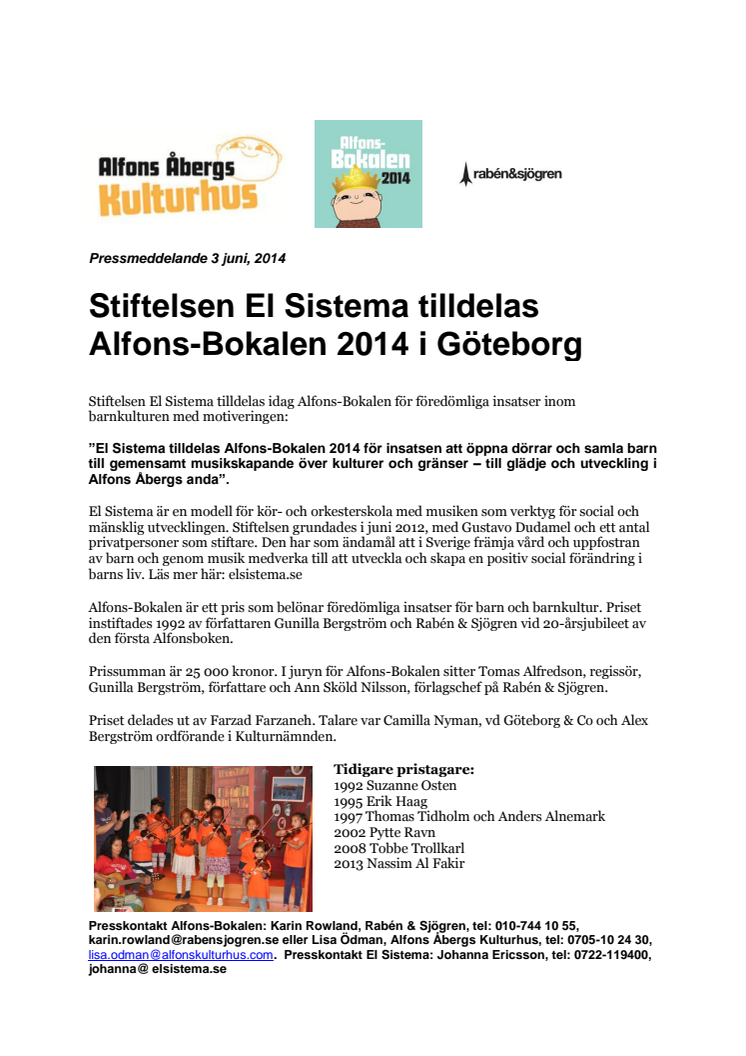 Stiftelsen El Sistema tilldelas Alfons-Bokalen 2014 i Göteborg