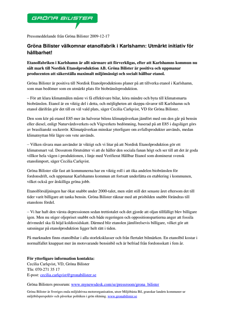 Gröna Bilister välkomnar etanolfabrik i Karlshamn: Utmärkt initiativ för hållbarhet!