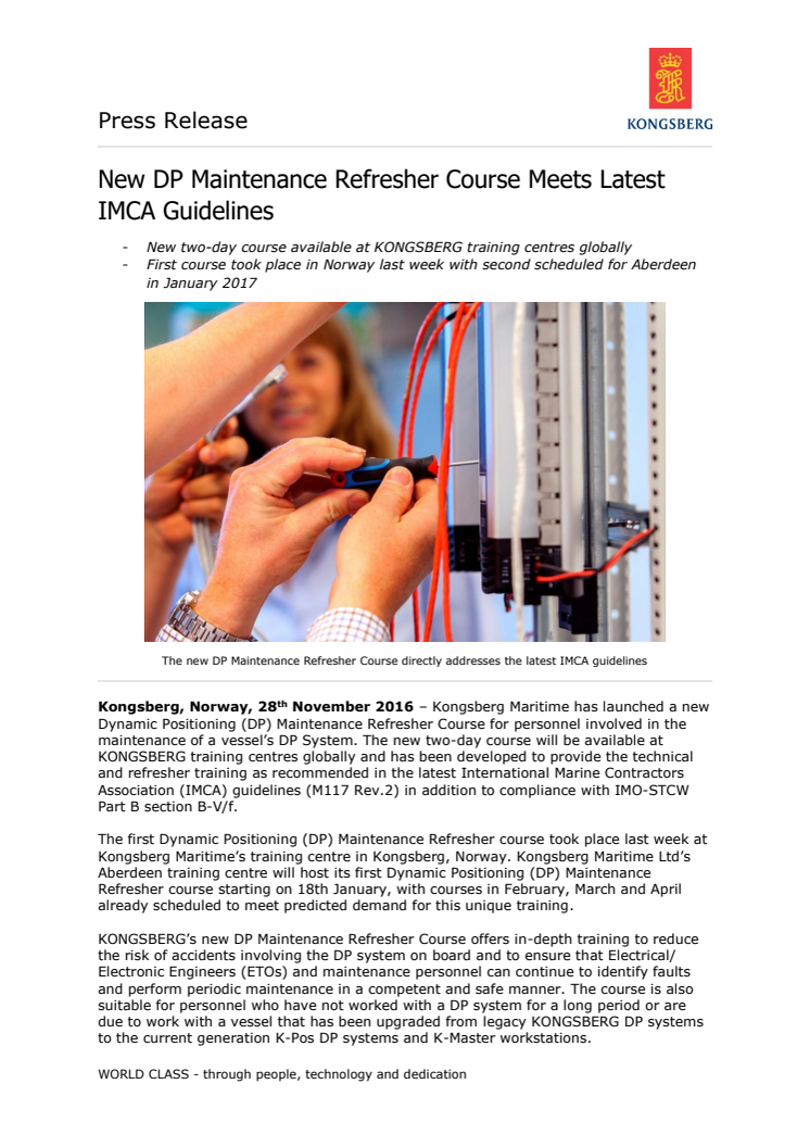 Kongsberg Maritime: New DP Maintenance Refresher Course Meets Latest IMCA Guidelines