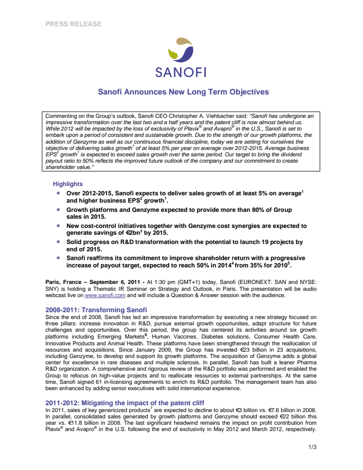 Sanofi Announces New Long Term Objectives