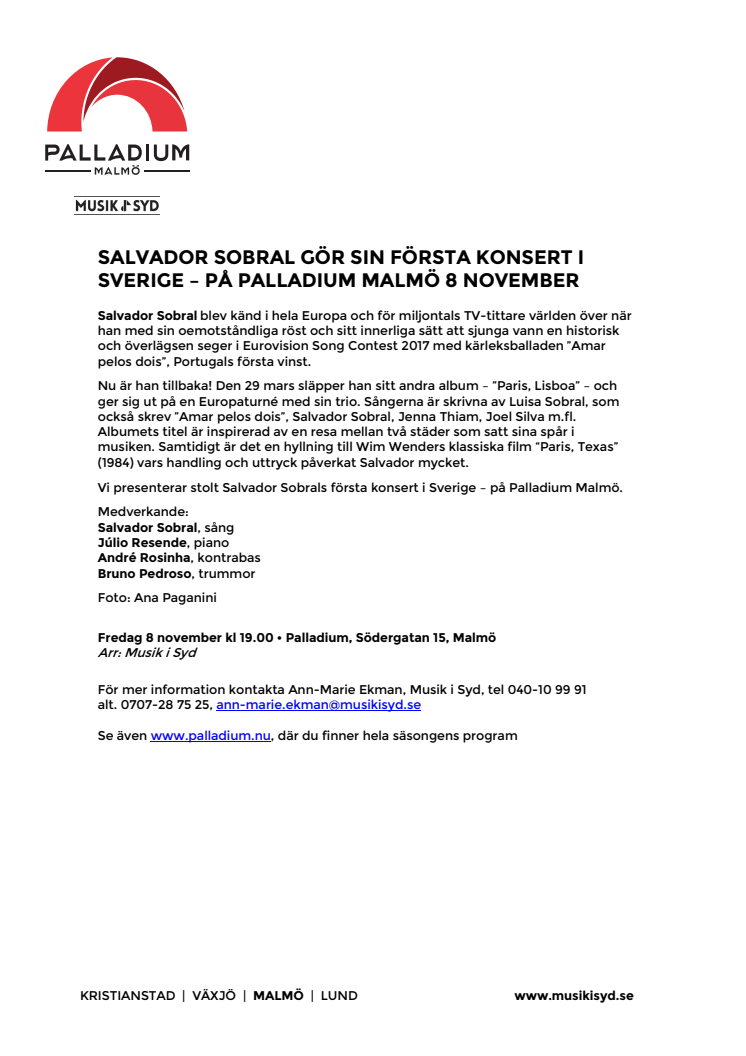 Salvador Sobral till Palladium Malmö 8 november – första spelningen i Sverige!